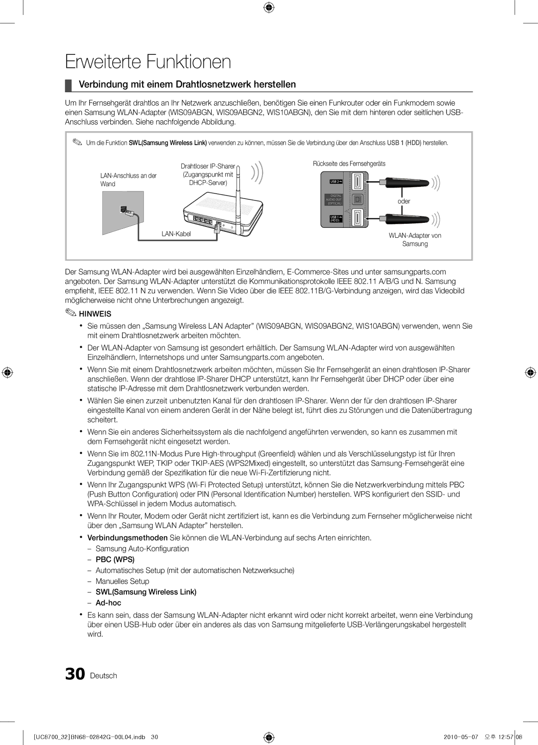 Samsung UE65C8700XSXZF, UE32C8700XSXXN, UE32C8700XSXZF manual Verbindung mit einem Drahtlosnetzwerk herstellen, Wand 