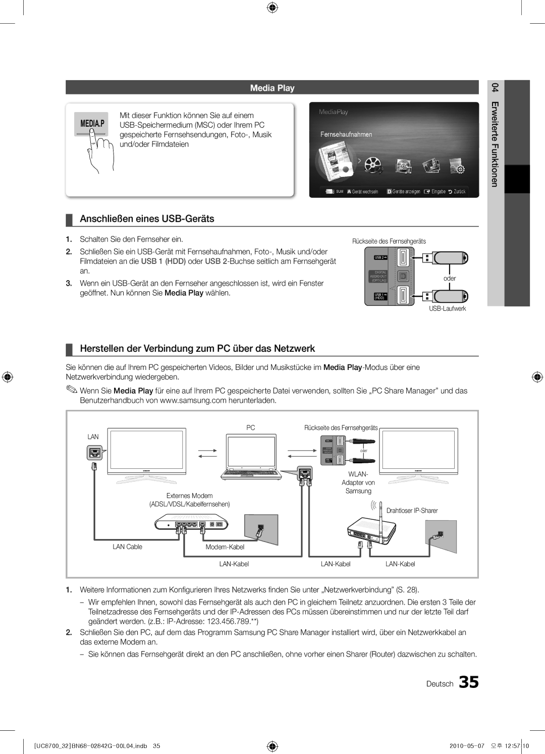 Samsung UE32C8700XSXXN Anschließen eines USB-Geräts, Herstellen der Verbindung zum PC über das Netzwerk, USB-Laufwerk 