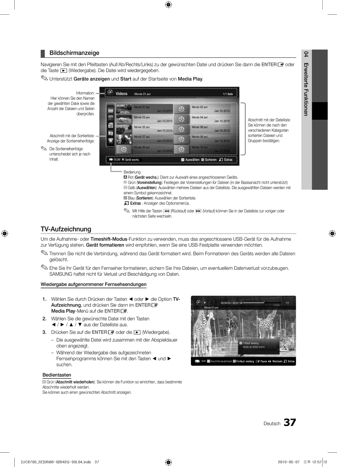 Samsung UE32C8700XSXZF, UE32C8700XSXXN, UE65C8700XSXZF manual TV-Aufzeichnung, Bildschirmanzeige, Funktionen 