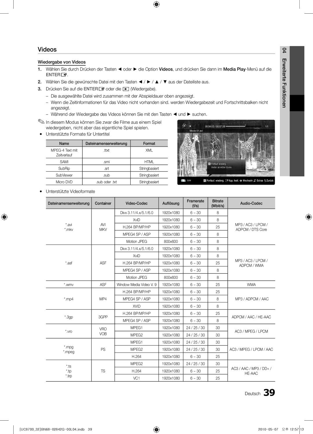 Samsung UE65C8700XSXZF manual Wiedergabe von Videos, Yy Unterstützte Videoformate, Name Dateinamenserweiterung Format 