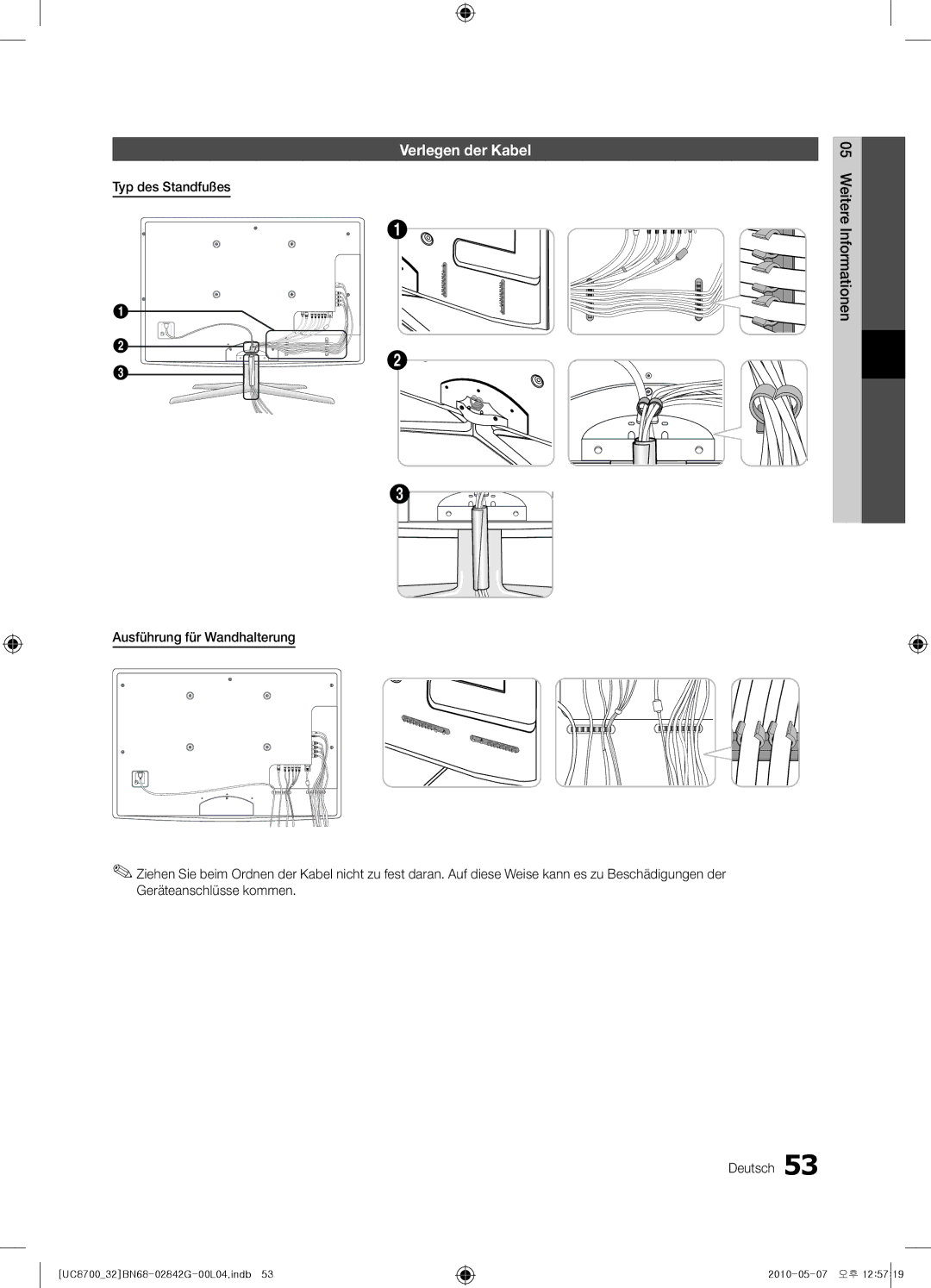 Samsung UE32C8700XSXXN, UE65C8700XSXZF, UE32C8700XSXZF manual Verlegen der Kabel 