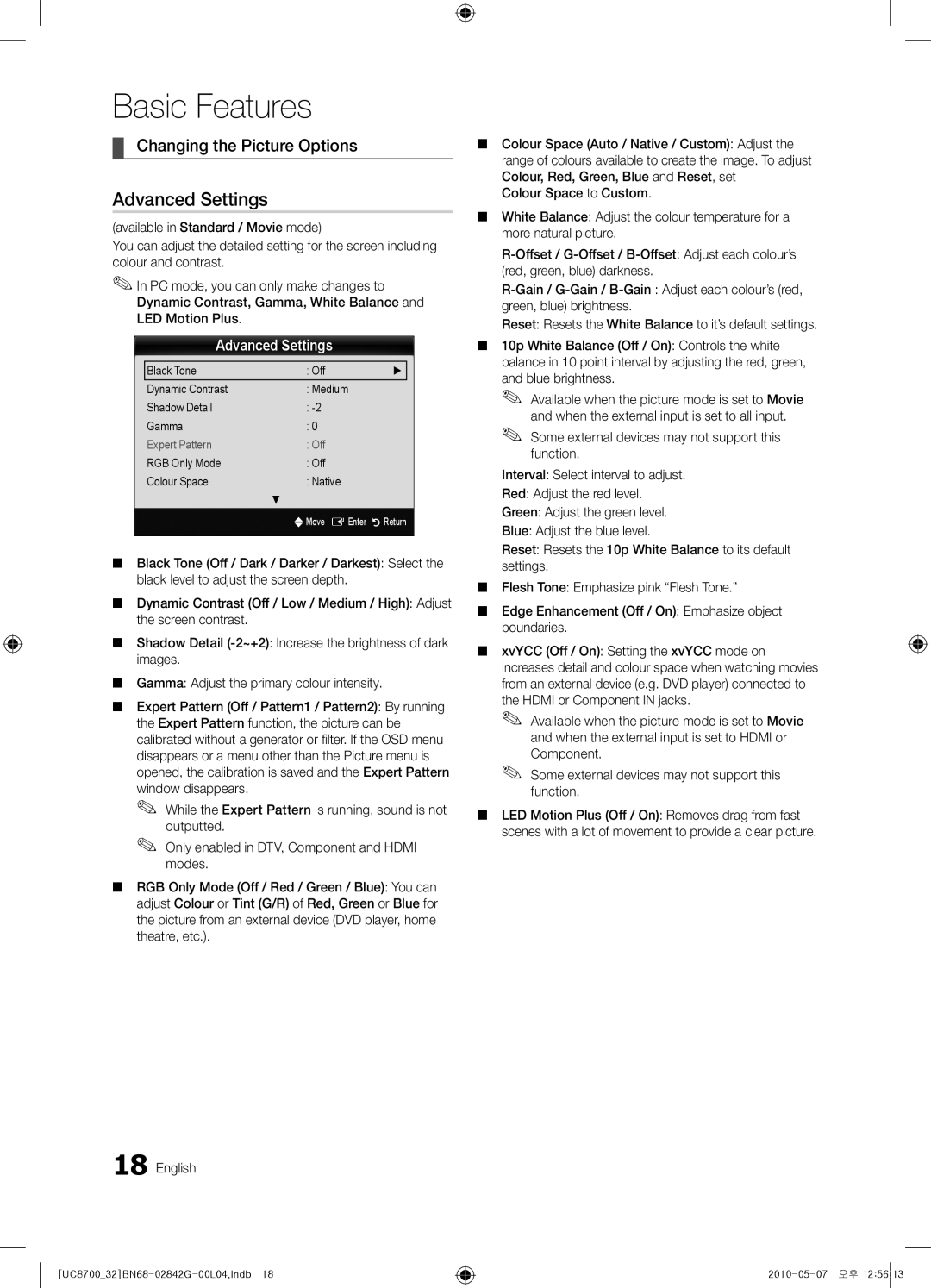 Samsung UE32C8700XSXXN, UE65C8700XSXZF, UE32C8700XSXZF manual Advanced Settings, Changing the Picture Options 