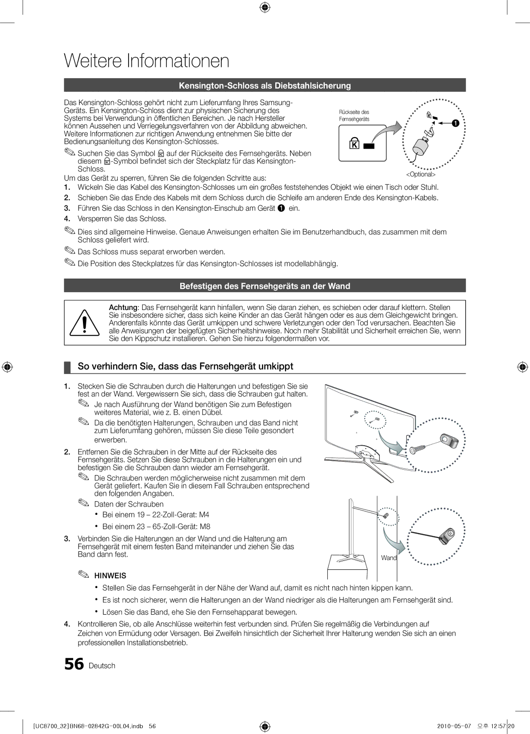 Samsung UE32C8700XSXXN manual So verhindern Sie, dass das Fernsehgerät umkippt, Kensington-Schloss als Diebstahlsicherung 