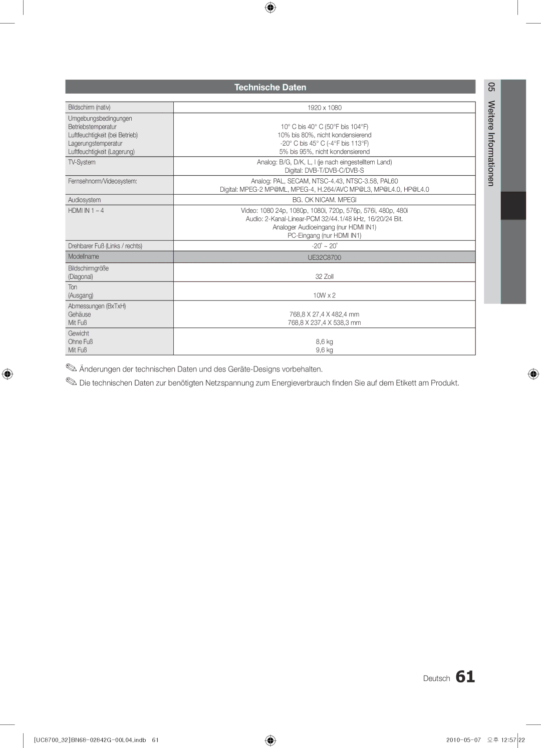 Samsung UE32C8700XSXZF, UE32C8700XSXXN, UE65C8700XSXZF manual Technische Daten 