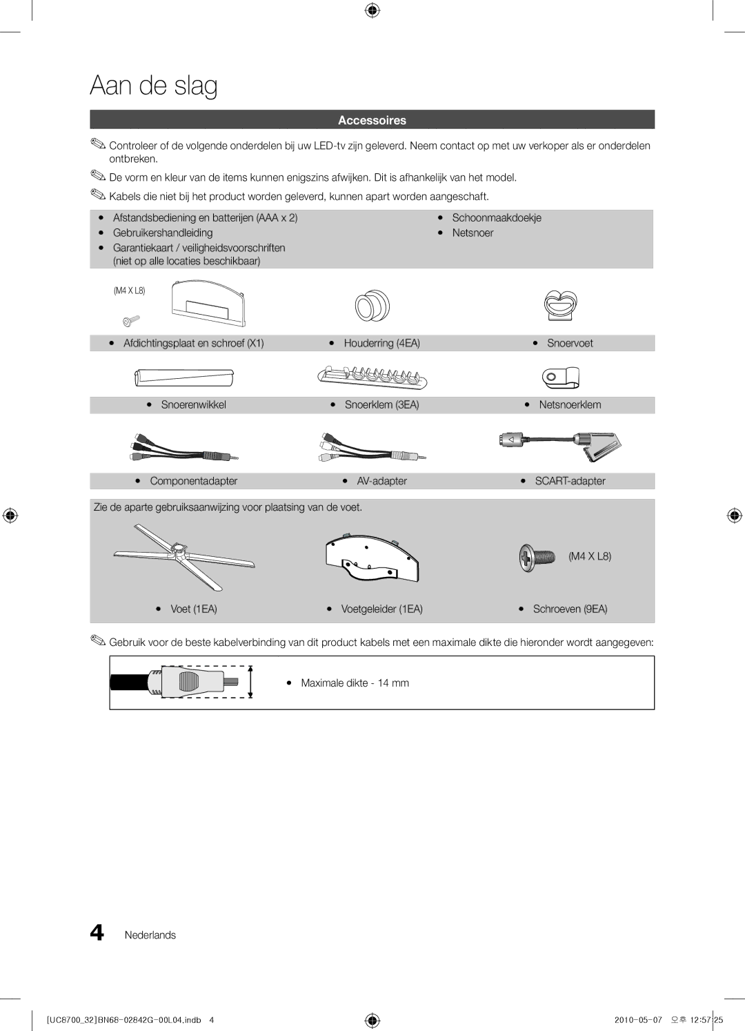 Samsung UE65C8700XSXZF manual Aan de slag, Yy Afdichtingsplaat en schroef Houderring 4EA, Yy Snoerenwikkel Snoerklem 3EA 