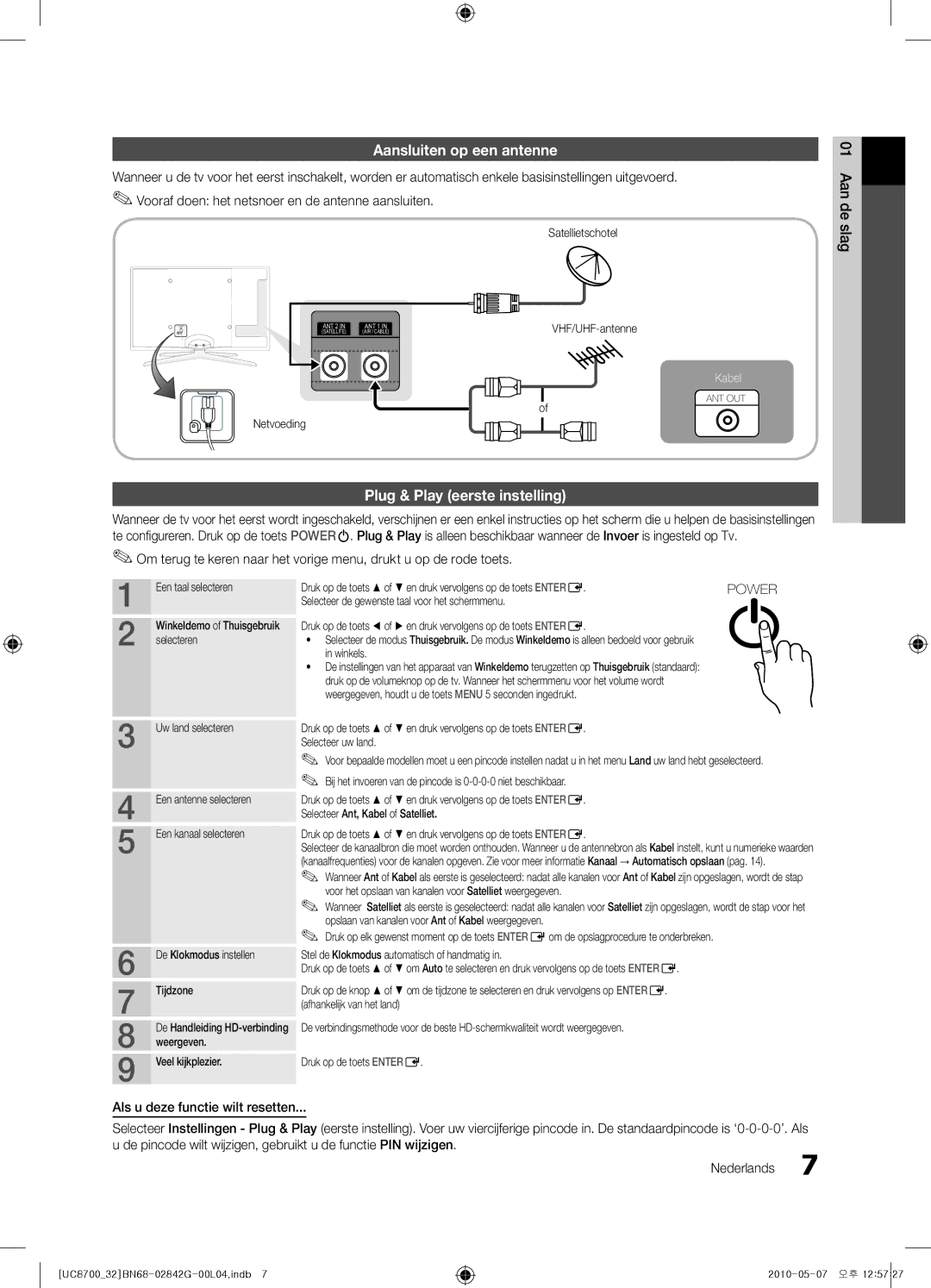 Samsung UE65C8700XSXZF, UE32C8700XSXXN, UE32C8700XSXZF manual Aansluiten op een antenne, Plug & Play eerste instelling 