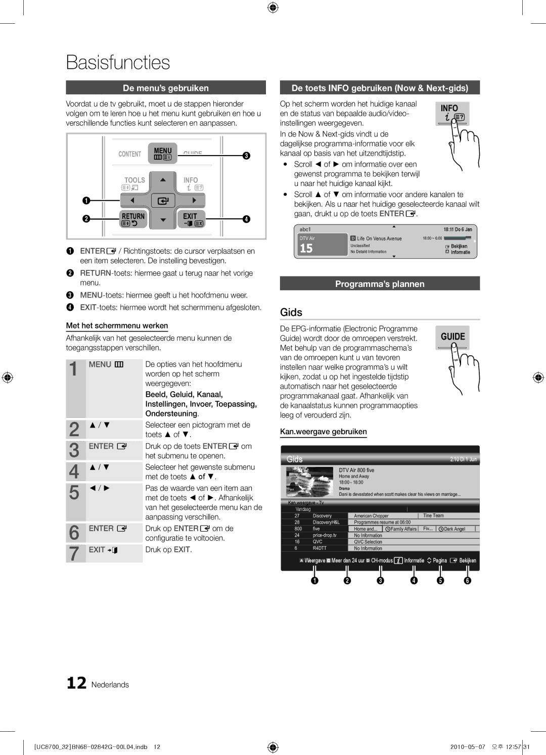 Samsung UE32C8700XSXXN, UE65C8700XSXZF Basisfuncties, Gids, De menu’s gebruiken, De toets Info gebruiken Now & Next-gids 