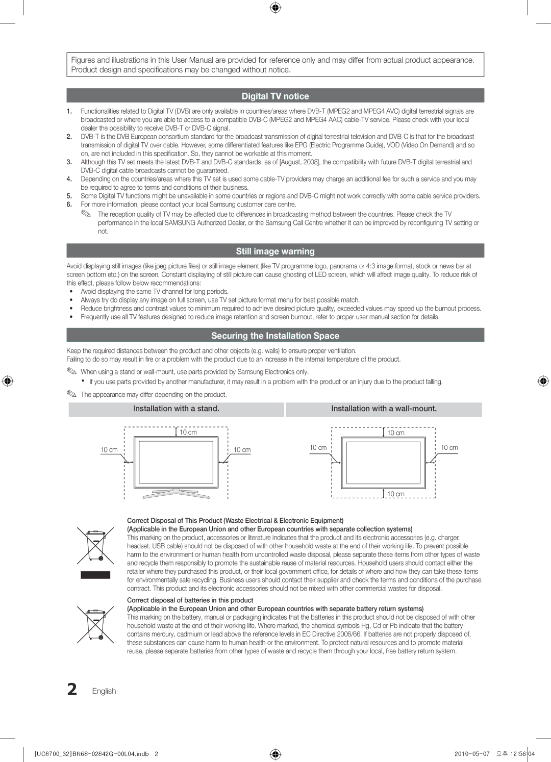 Samsung UE32C8700XSXZF, UE32C8700XSXXN, UE65C8700XSXZF manual Installation with a wall-mount, English, 10 cm 