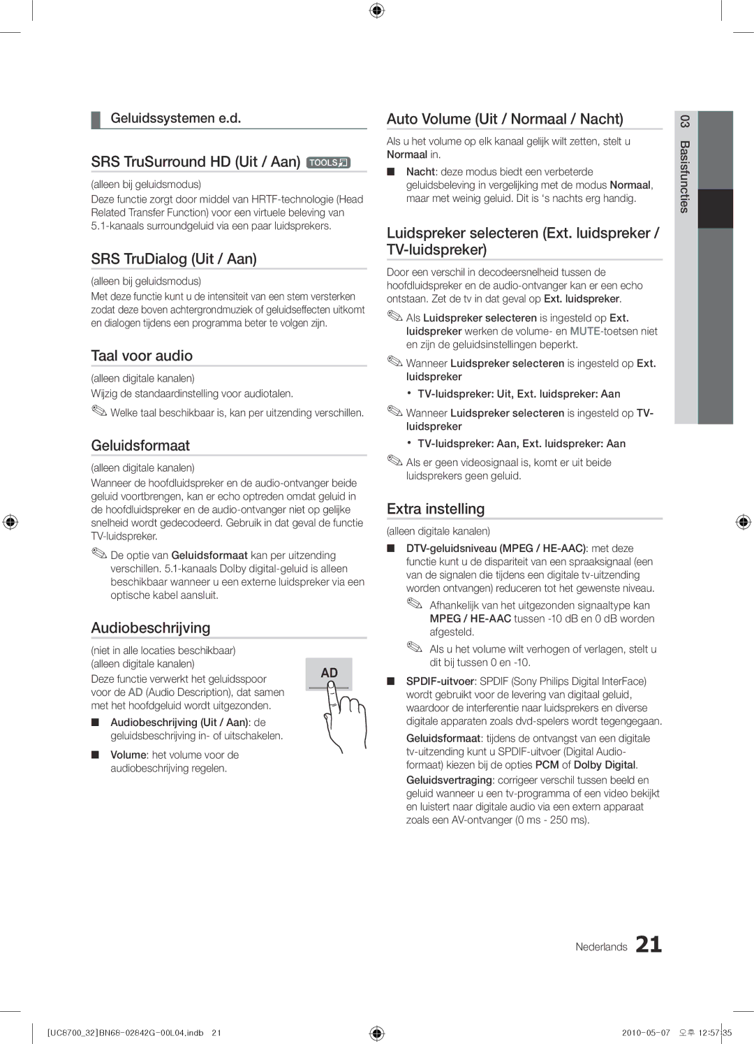 Samsung UE32C8700XSXXN manual SRS TruSurround HD Uit / Aan t, SRS TruDialog Uit / Aan, Taal voor audio, Geluidsformaat 