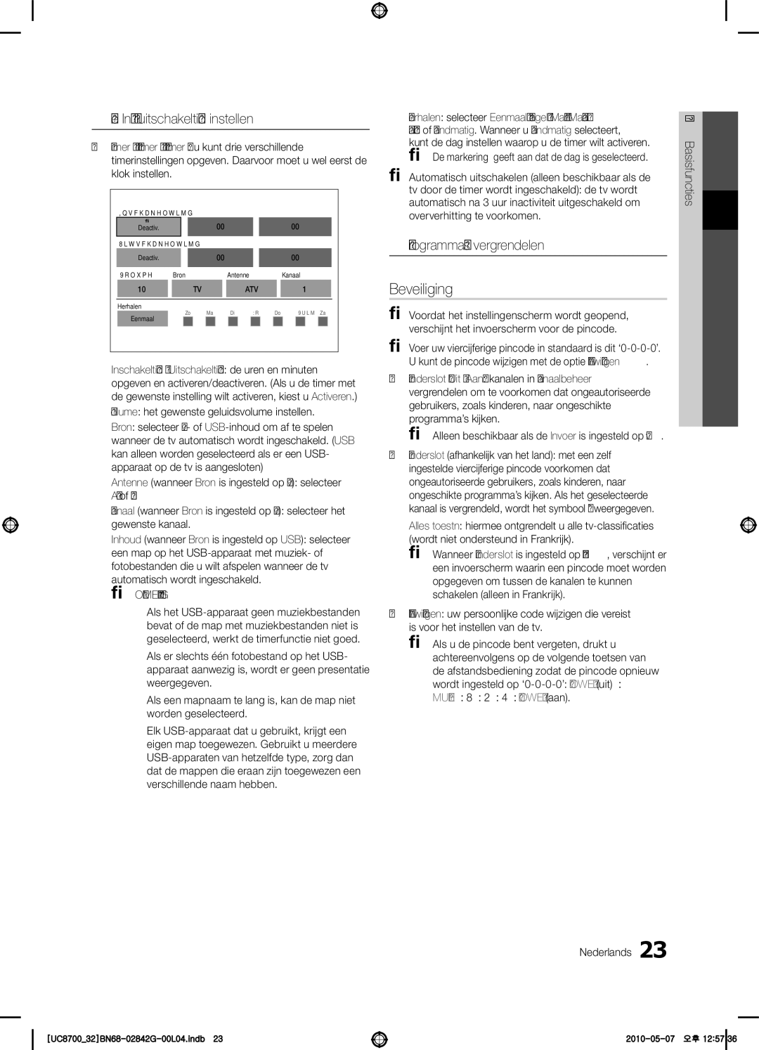 Samsung UE32C8700XSXZF Beveiliging, De In- / uitschakeltijd instellen, Programma’s vergrendelen, Basisfuncties Nederlands 