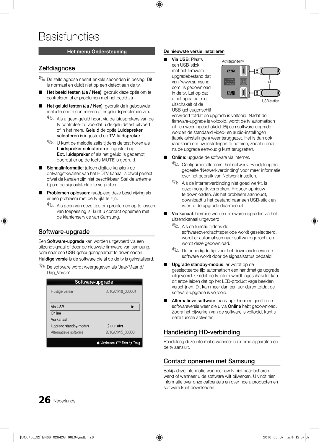 Samsung UE32C8700XSXZF manual Zelfdiagnose, Software-upgrade, Handleiding HD-verbinding, Contact opnemen met Samsung 