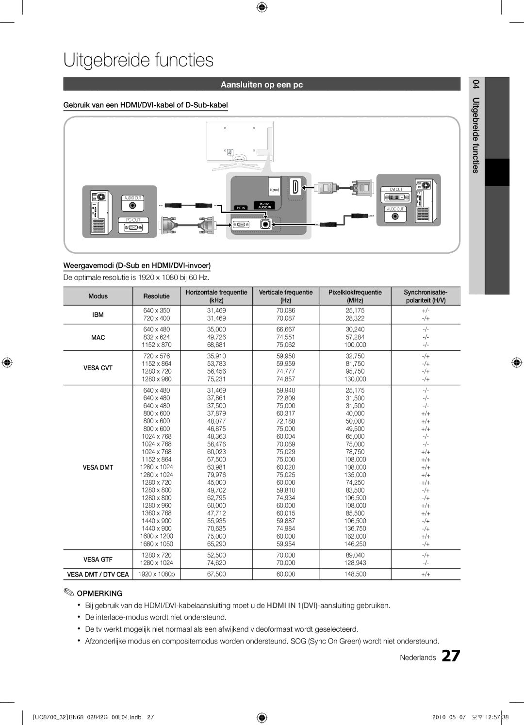 Samsung UE32C8700XSXXN manual Uitgebreide functies, Aansluiten op een pc, Gebruik van een HDMI/DVI-kabel of D-Sub-kabel 