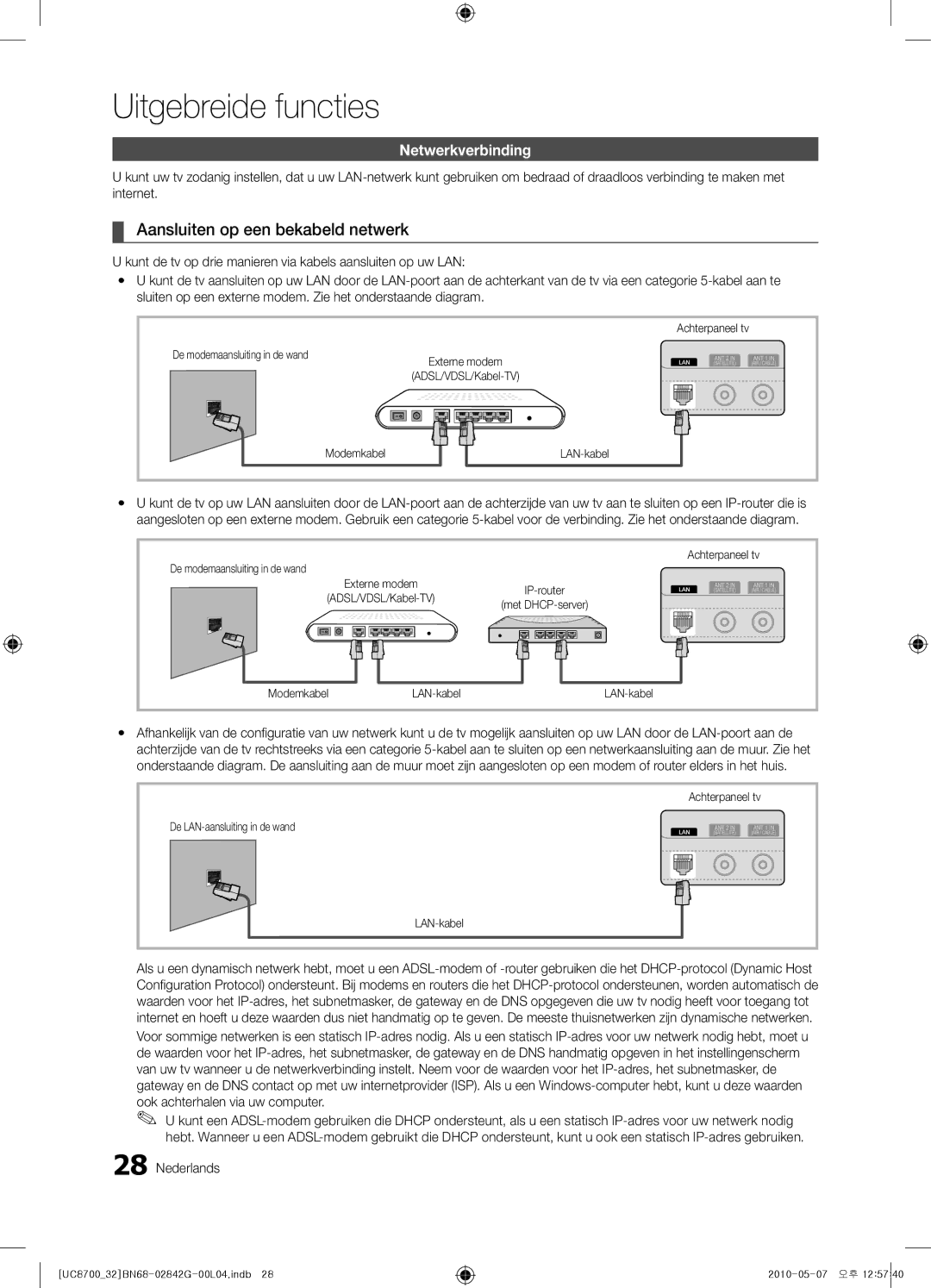 Samsung UE65C8700XSXZF, UE32C8700XSXXN, UE32C8700XSXZF manual Aansluiten op een bekabeld netwerk, Netwerkverbinding 