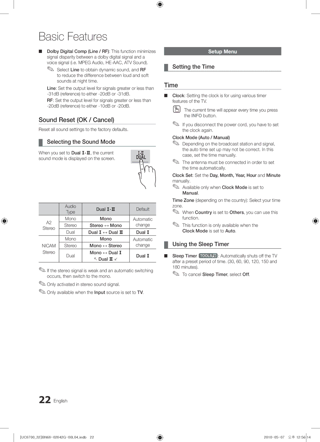 Samsung UE65C8700XSXZF Sound Reset OK / Cancel, Selecting the Sound Mode, Setting the Time, Using the Sleep Timer 