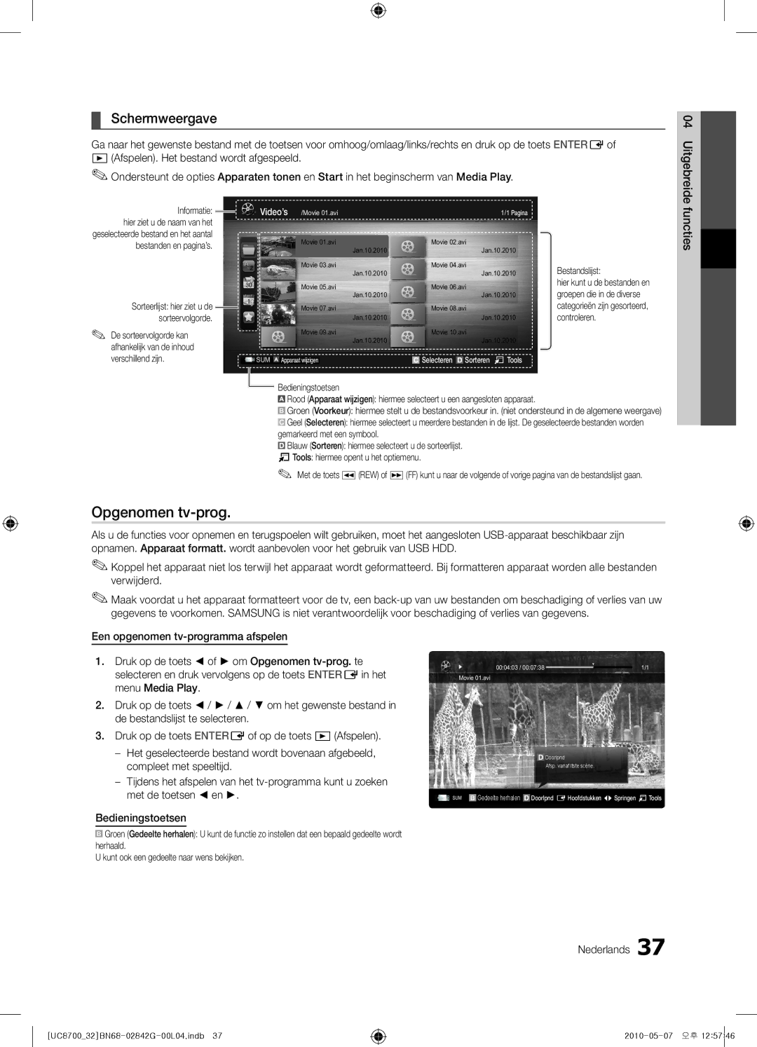 Samsung UE65C8700XSXZF, UE32C8700XSXXN manual Opgenomen tv-prog, Schermweergave, Functies, Informatie, Bestandslijst 