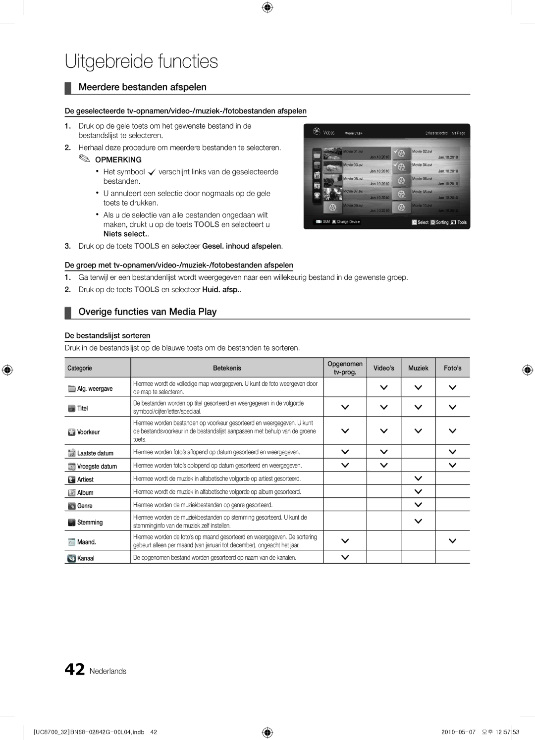 Samsung UE32C8700XSXXN, UE65C8700XSXZF, UE32C8700XSXZF manual Meerdere bestanden afspelen, Overige functies van Media Play 