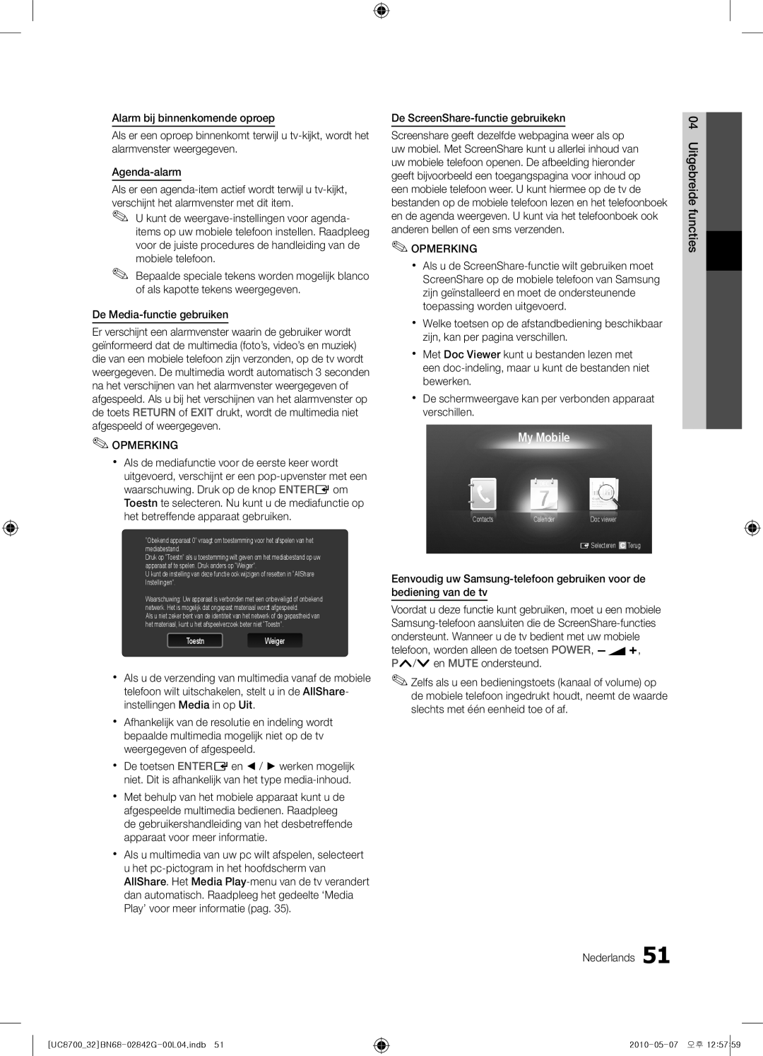 Samsung UE32C8700XSXXN, UE65C8700XSXZF, UE32C8700XSXZF manual My Mobile, De ScreenShare-functie gebruikekn 