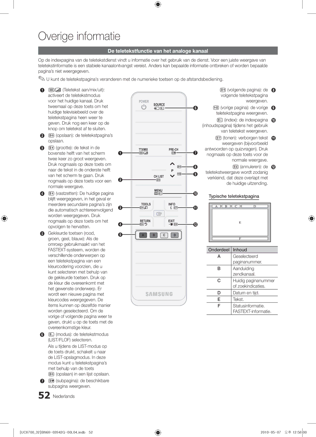 Samsung UE65C8700XSXZF, UE32C8700XSXXN, UE32C8700XSXZF manual Overige informatie, De teletekstfunctie van het analoge kanaal 