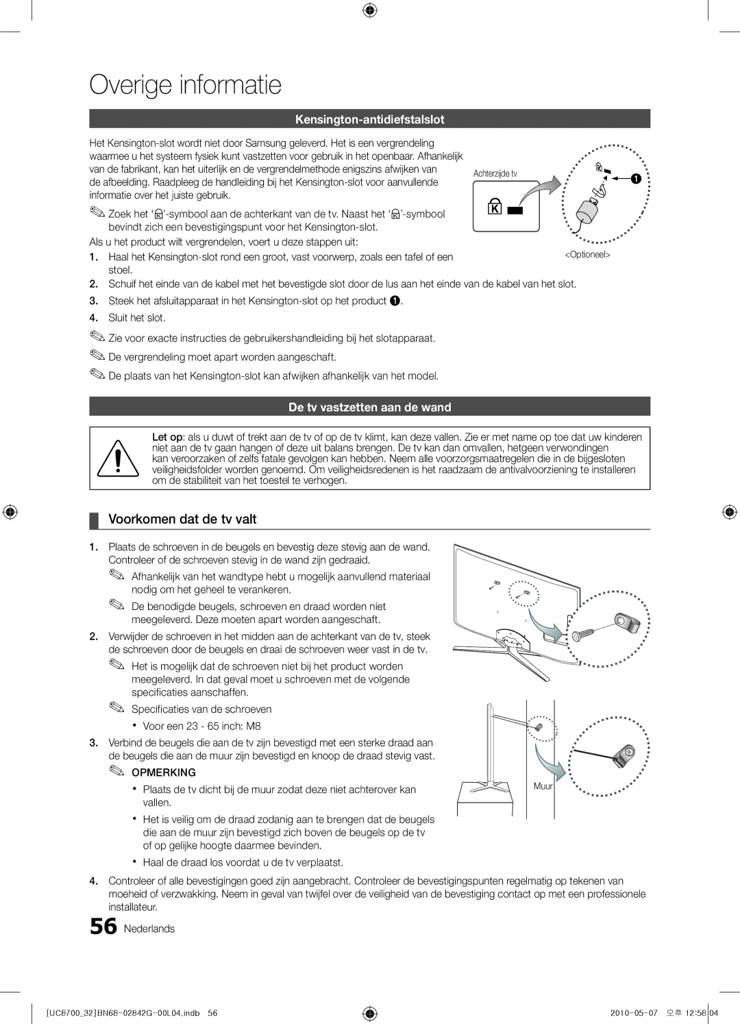 Samsung UE32C8700XSXZF, UE32C8700XSXXN Voorkomen dat de tv valt, Kensington-antidiefstalslot, De tv vastzetten aan de wand 