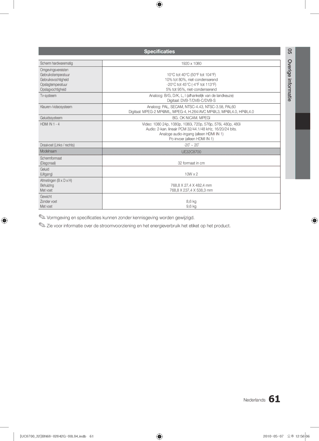 Samsung UE65C8700XSXZF, UE32C8700XSXXN, UE32C8700XSXZF manual Specificaties 