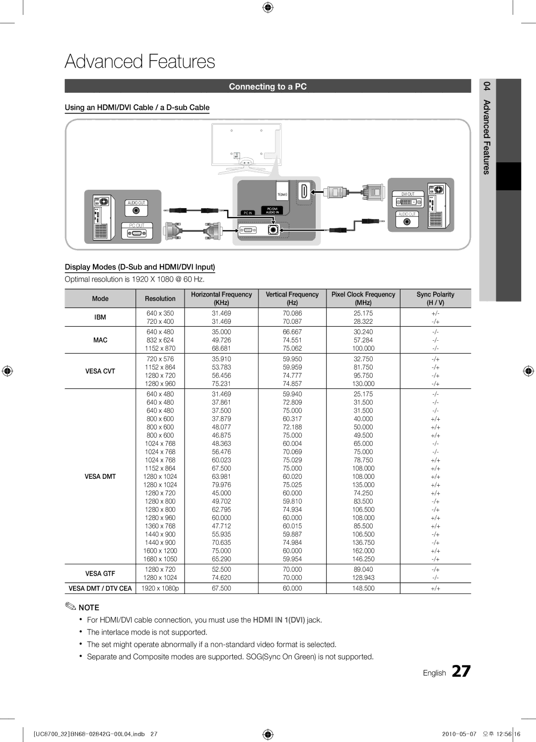 Samsung UE32C8700XSXXN, UE65C8700XSXZF manual Advanced Features, Connecting to a PC, Using an HDMI/DVI Cable / a D-sub Cable 