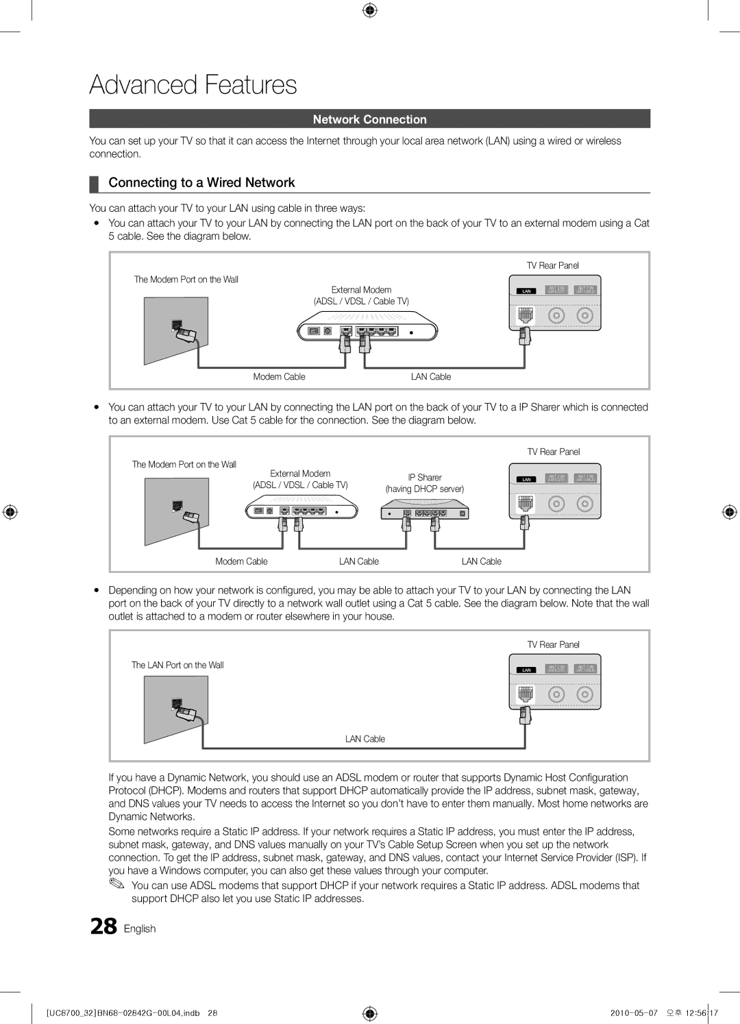 Samsung UE65C8700XSXZF Connecting to a Wired Network, Network Connection, Modem Port on the Wall, Modem Cable LAN Cable 