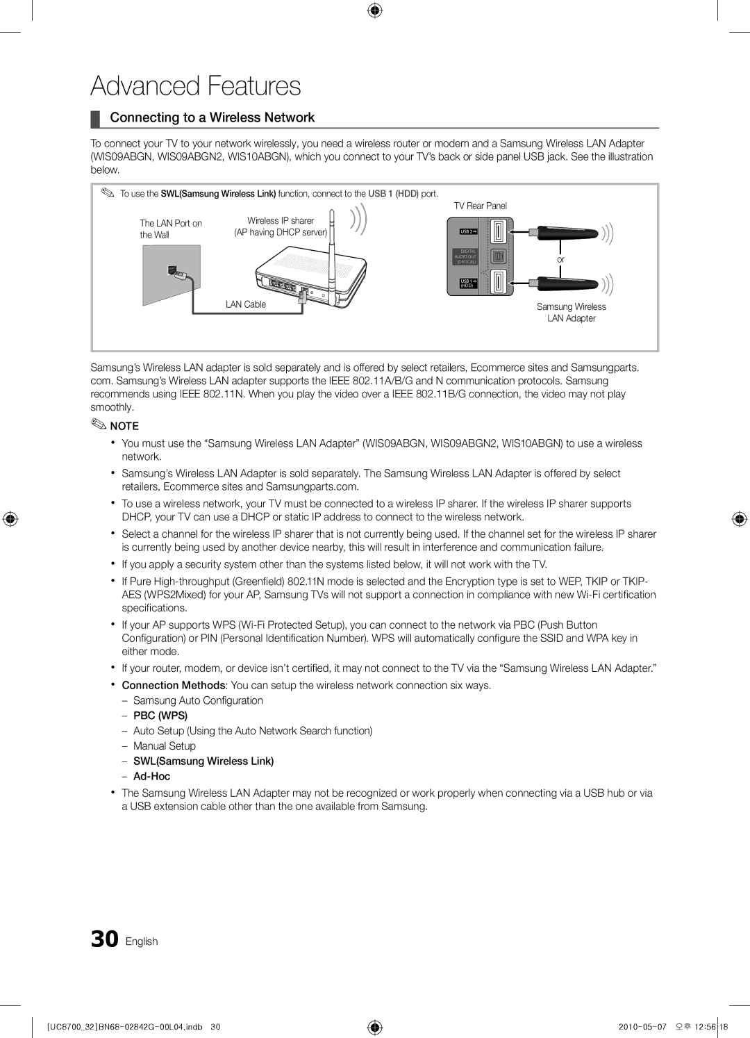 Samsung UE32C8700XSXXN, UE65C8700XSXZF, UE32C8700XSXZF manual Connecting to a Wireless Network, Wall 