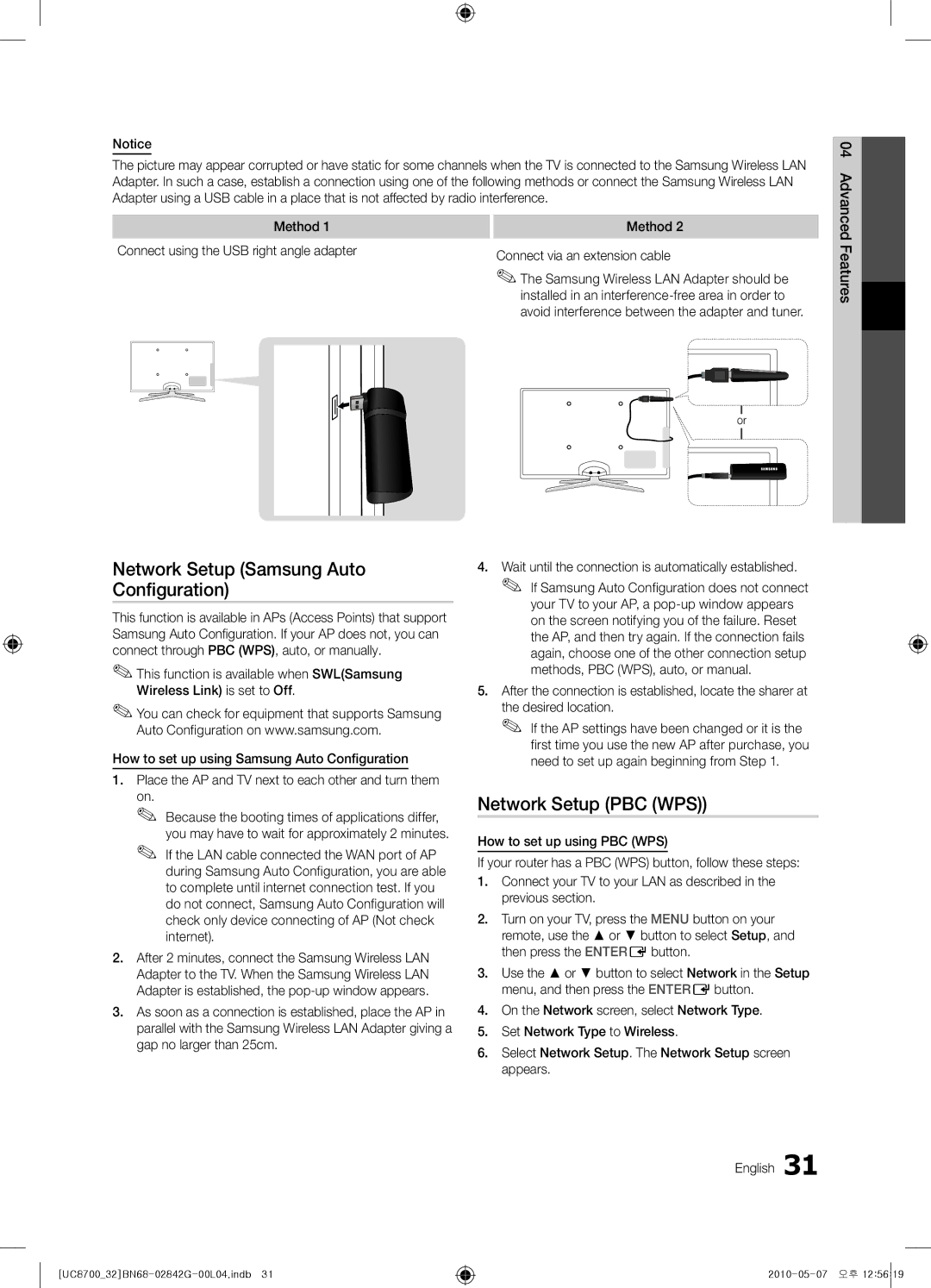 Samsung UE65C8700XSXZF manual Network Setup Samsung Auto Configuration, Avoid interference between the adapter and tuner 