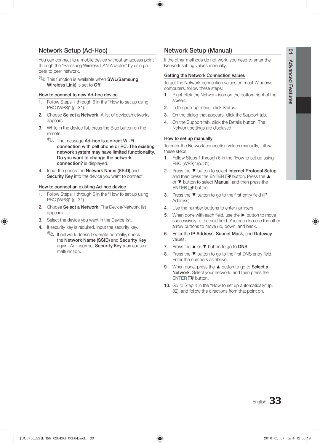 Samsung UE32C8700XSXXN, UE65C8700XSXZF, UE32C8700XSXZF manual Network Setup Ad-Hoc, English Advanced Features 