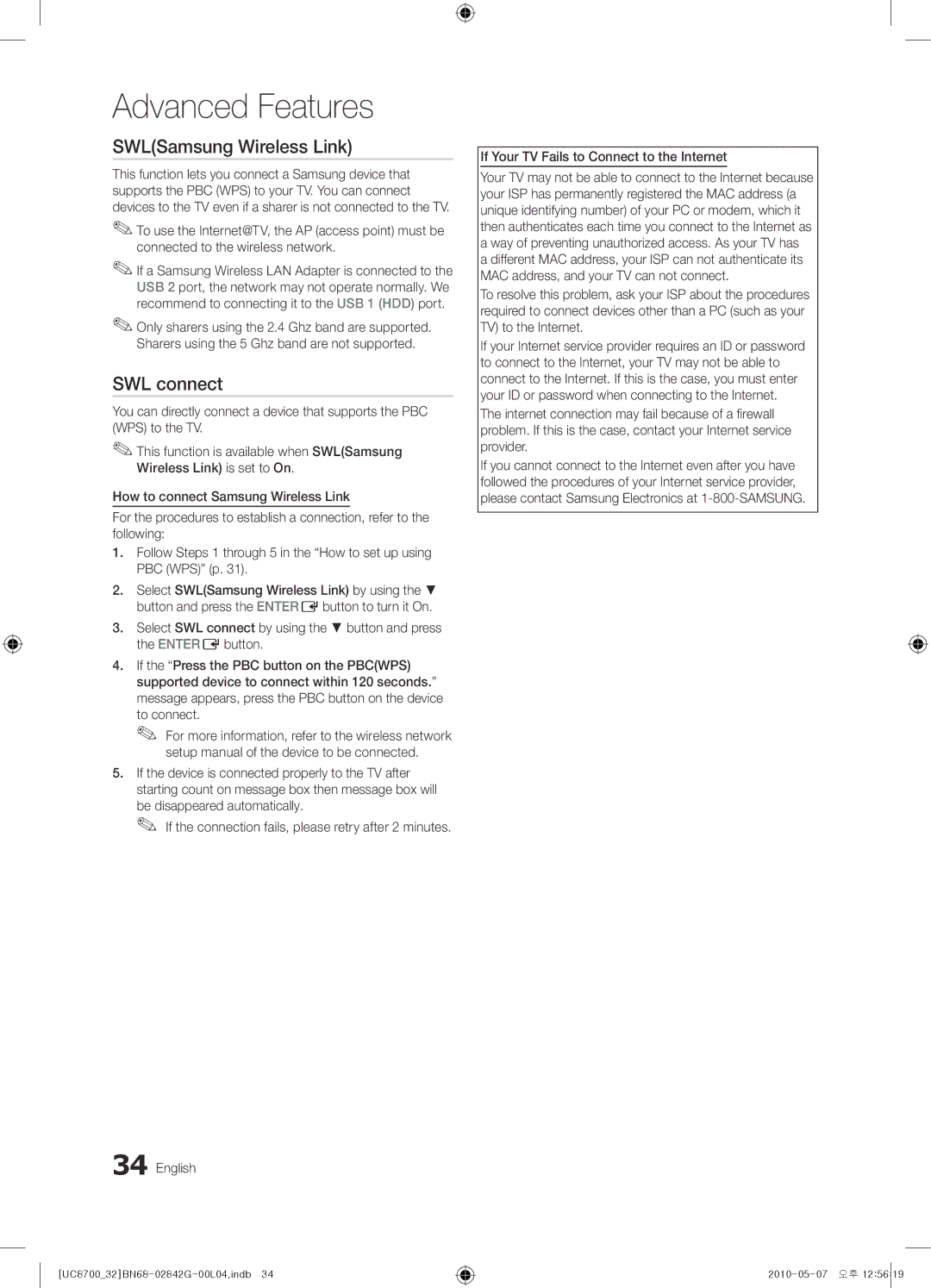 Samsung UE65C8700XSXZF, UE32C8700XSXXN SWLSamsung Wireless Link, SWL connect, To connect, Be disappeared automatically 