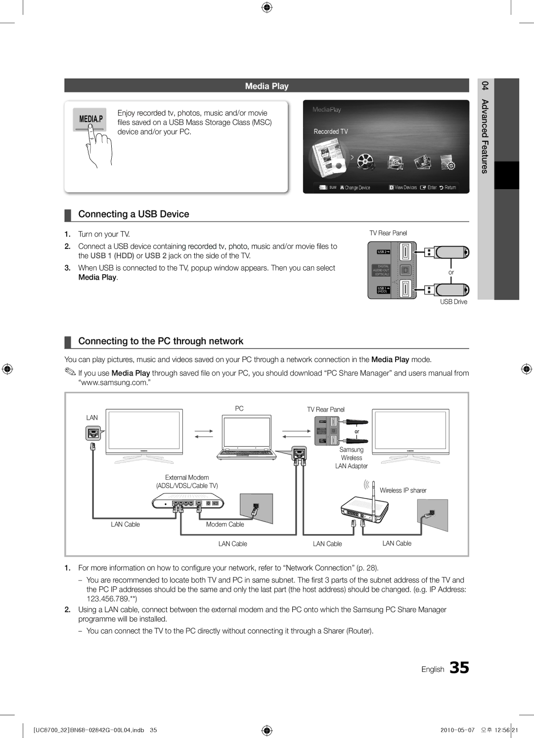 Samsung UE32C8700XSXZF, UE32C8700XSXXN manual Connecting a USB Device, Connecting to the PC through network, Media Play 