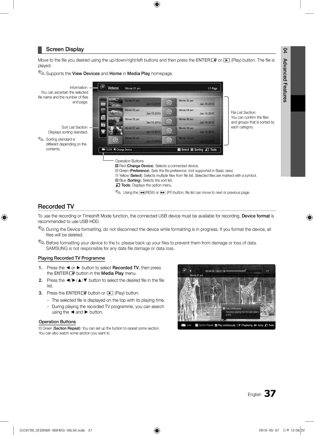 Samsung UE65C8700XSXZF, UE32C8700XSXXN, UE32C8700XSXZF manual Screen Display, Features, Operation Buttons, File List Section 