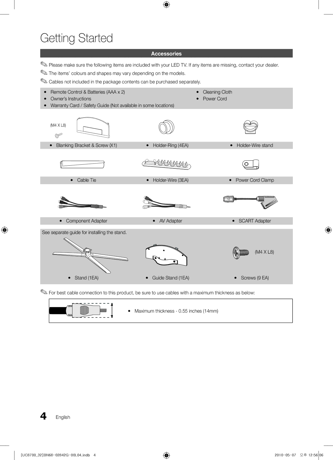 Samsung UE65C8700XSXZF, UE32C8700XSXXN manual Getting Started, Accessories, Yy Blanking Bracket & Screw Yy Holder-Ring 4EA 