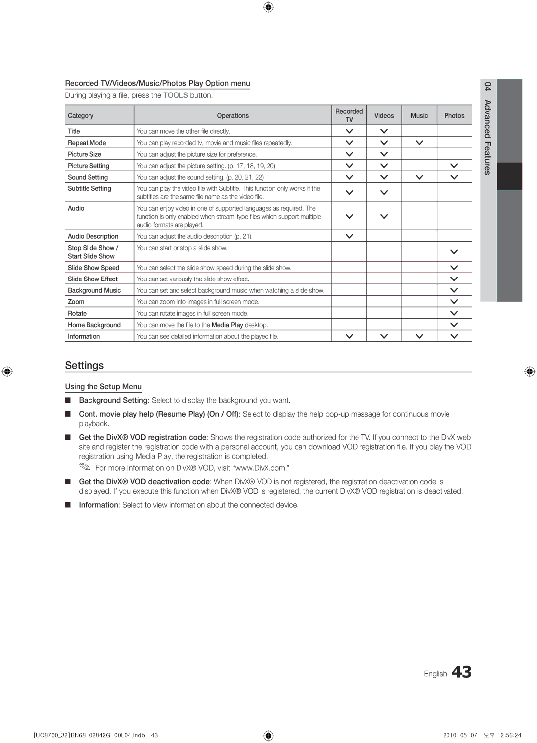 Samsung UE65C8700XSXZF, UE32C8700XSXXN Settings, Recorded TV/Videos/Music/Photos Play Option menu, Press the Tools button 