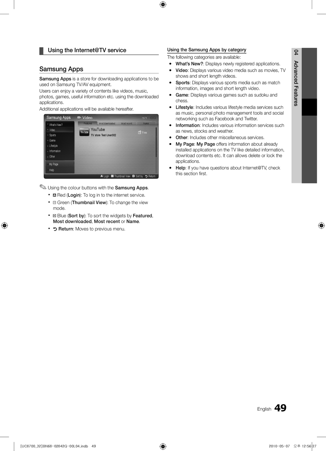 Samsung UE65C8700XSXZF, UE32C8700XSXXN, UE32C8700XSXZF manual Samsung Apps, Using the Internet@TV service 