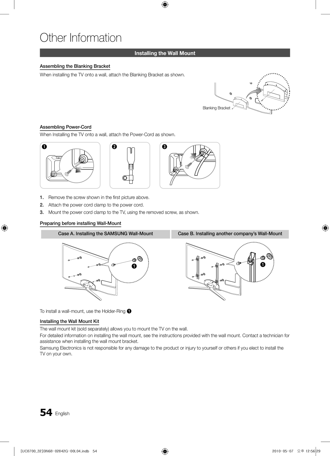 Samsung UE32C8700XSXXN, UE65C8700XSXZF, UE32C8700XSXZF manual Installing the Wall Mount, Blanking Bracket 