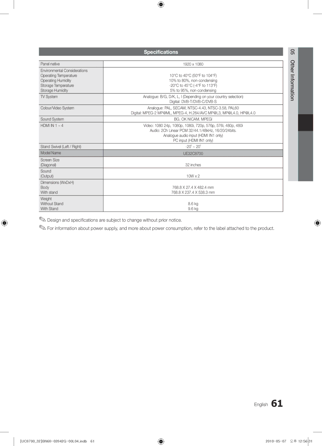 Samsung UE65C8700XSXZF, UE32C8700XSXXN, UE32C8700XSXZF manual Specifications, English Other Information 