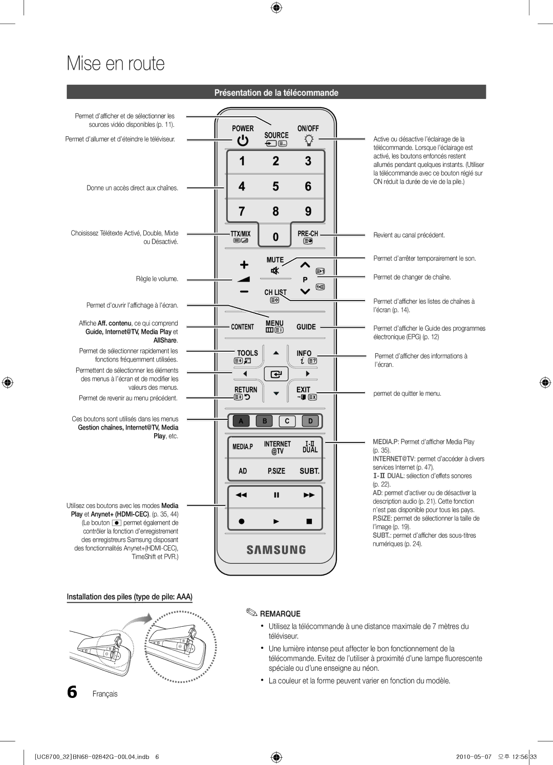 Samsung UE32C8700XSXZF, UE32C8700XSXXN manual Présentation de la télécommande, Installation des piles type de pile AAA 