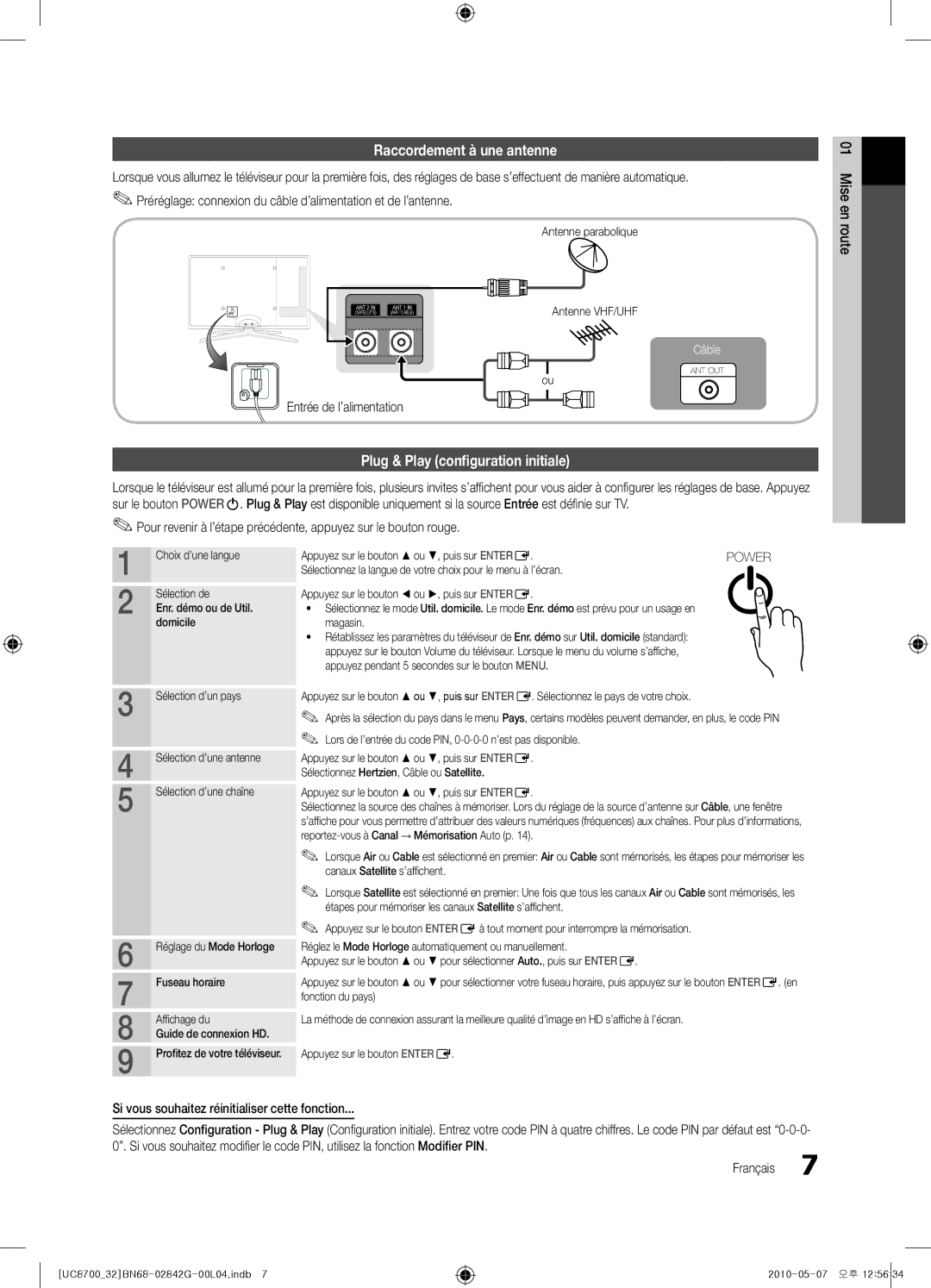 Samsung UE32C8700XSXXN manual Raccordement à une antenne, Plug & Play configuration initiale, Entrée de l’alimentation 