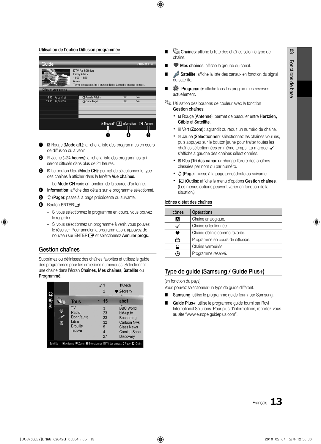 Samsung UE32C8700XSXXN Gestion chaînes, Type de guide Samsung / Guide Plus+, Utilisation de l’option Diffusion programmée 