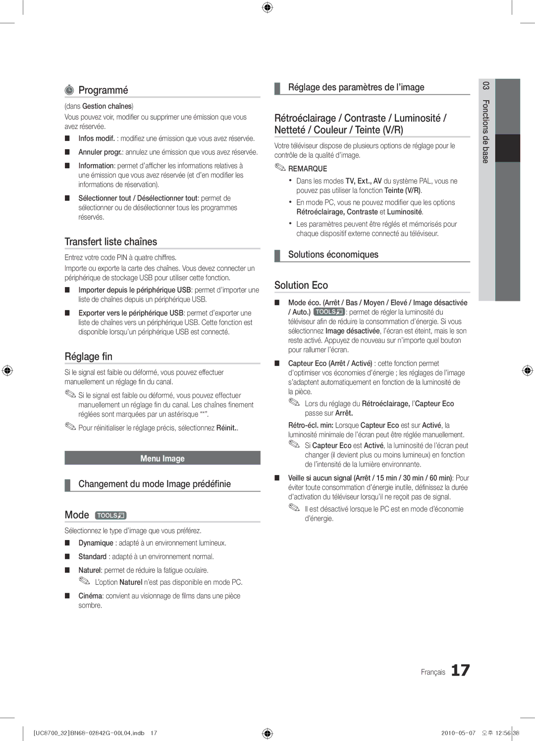 Samsung UE65C8700XSXZF, UE32C8700XSXXN, UE32C8700XSXZF manual Programmé, Transfert liste chaînes, Réglage fin, Solution Eco 