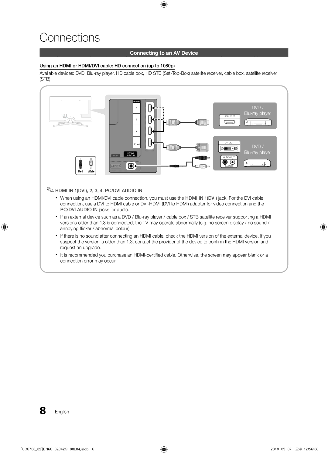 Samsung UE32C8700XSXZF, UE32C8700XSXXN, UE65C8700XSXZF manual Connections, Connecting to an AV Device 