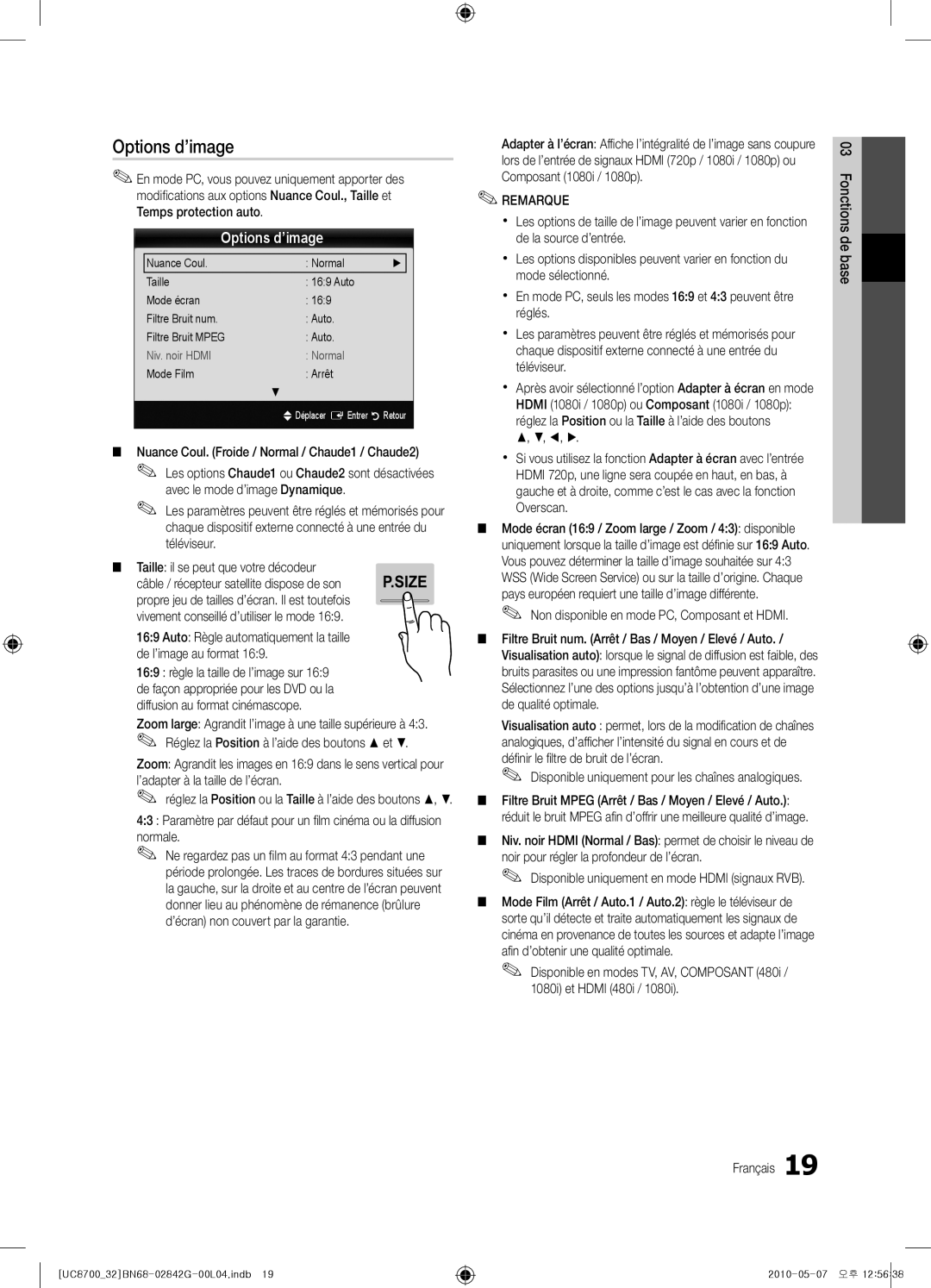 Samsung UE32C8700XSXXN, UE65C8700XSXZF, UE32C8700XSXZF manual Options d’image 