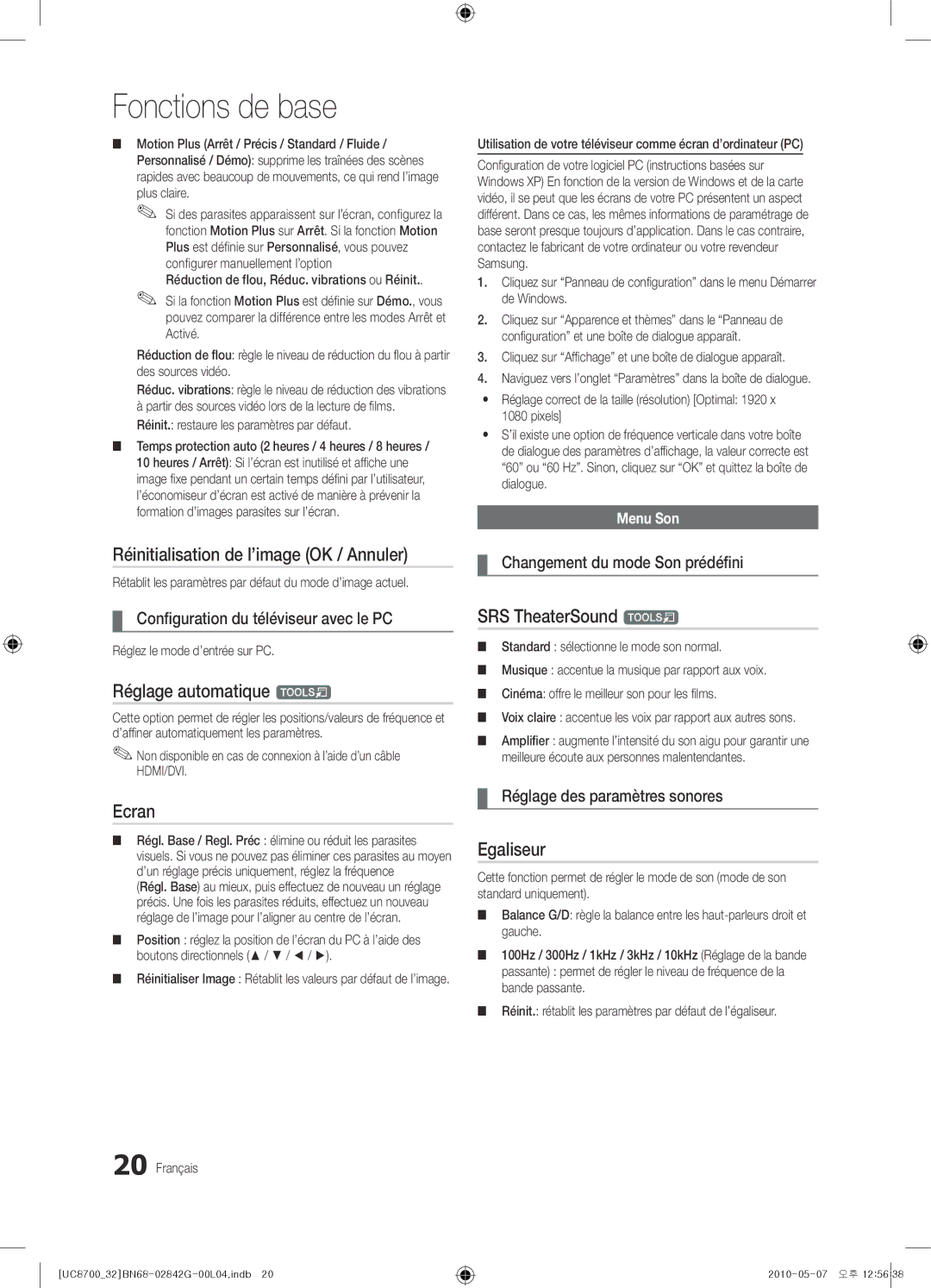 Samsung UE65C8700XSXZF, UE32C8700XSXXN Réglage automatique t, Ecran, Egaliseur, Configuration du téléviseur avec le PC 