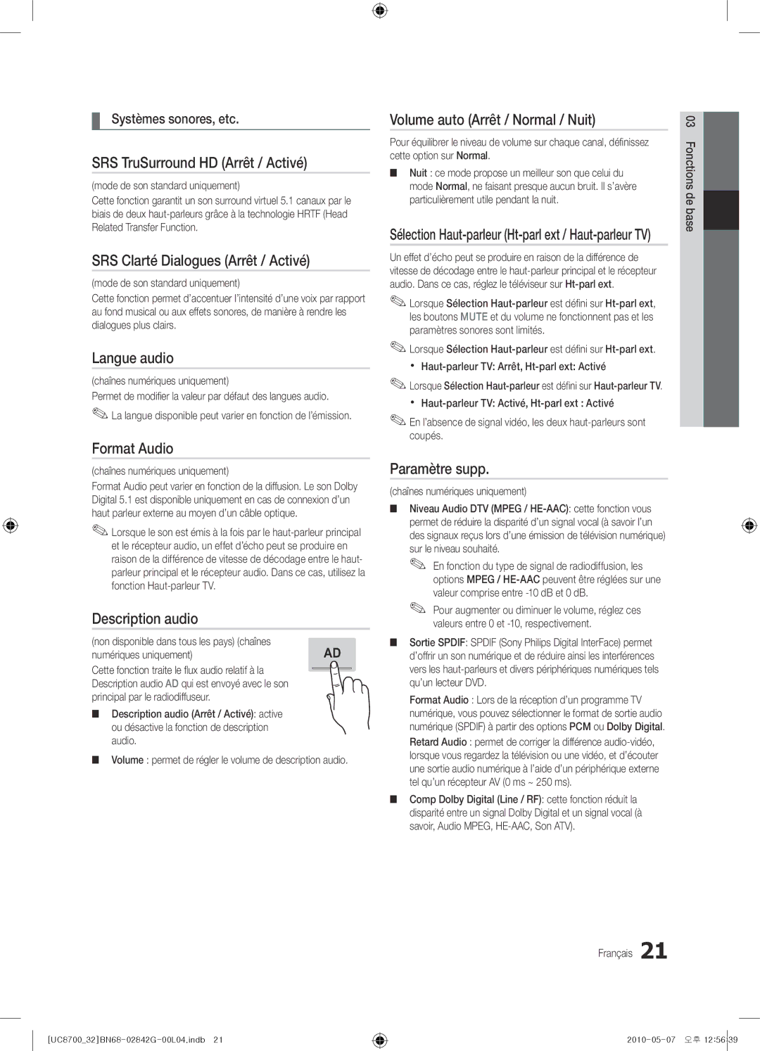 Samsung UE32C8700XSXZF SRS TruSurround HD Arrêt / Activé, SRS Clarté Dialogues Arrêt / Activé, Langue audio, Format Audio 