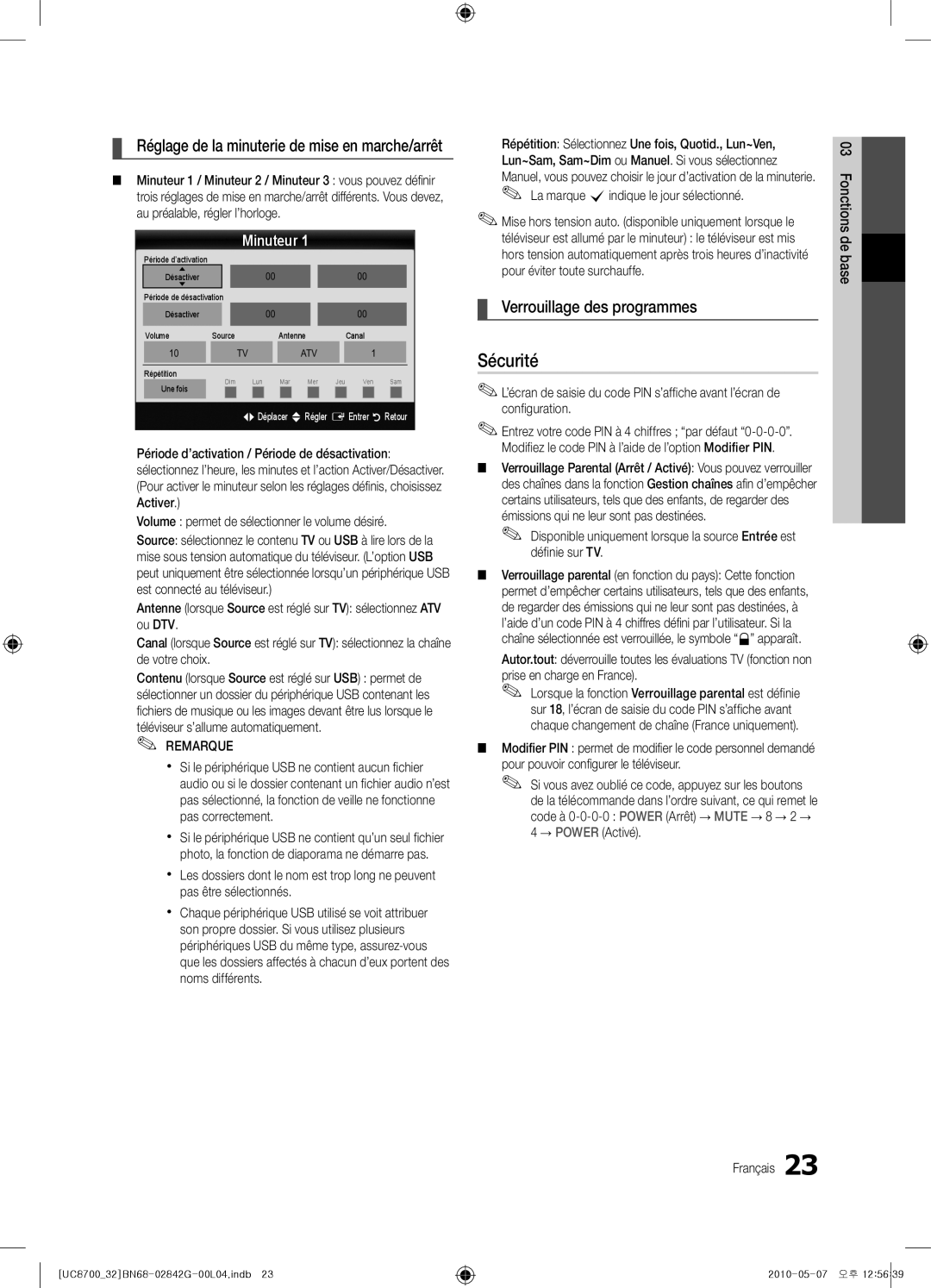 Samsung UE65C8700XSXZF manual Sécurité, Verrouillage des programmes, Minuteur, La marque cindique le jour sélectionné 