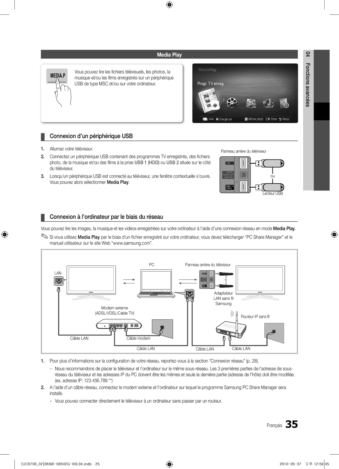 Samsung UE65C8700XSXZF manual Connexion d’un périphérique USB, Connexion à l’ordinateur par le biais du réseau, Lecteur USB 