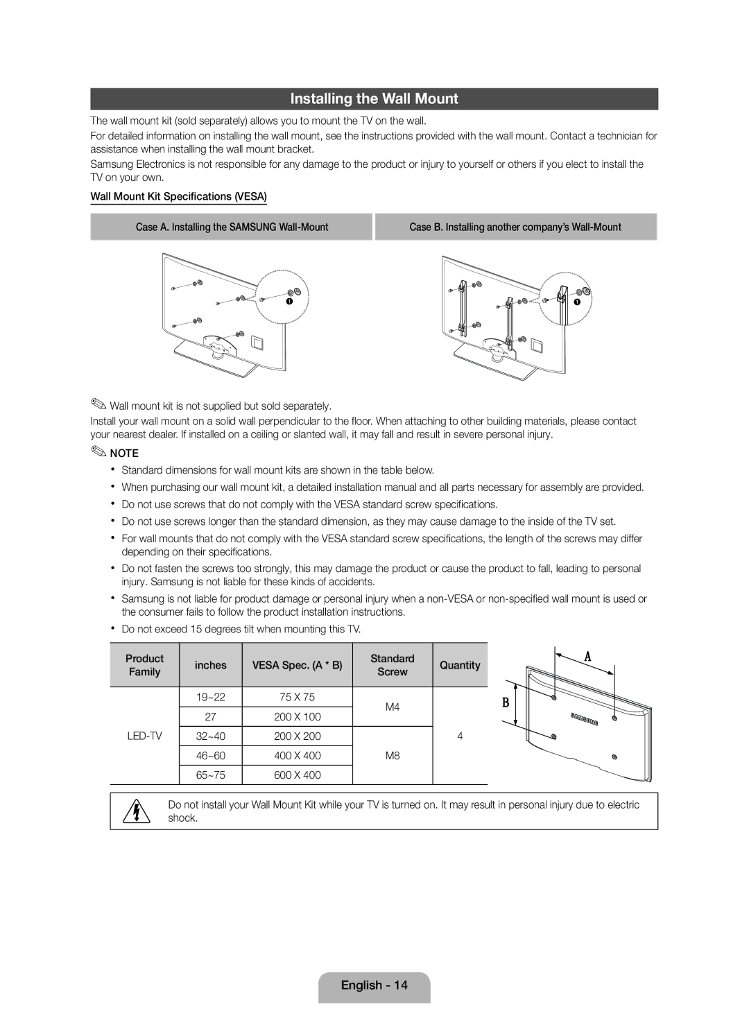 Samsung UE32D4010NWXRU, UE32D4000NWXRU, UE32D4020NWXRU, UE32D4000NWXMS manual Installing the Wall Mount 