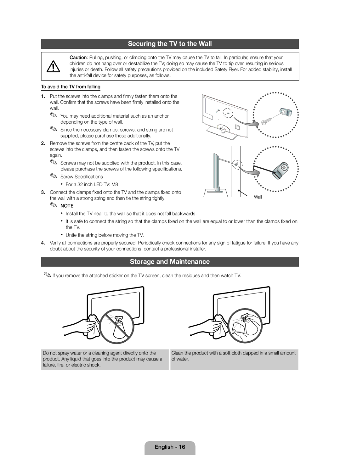 Samsung UE32D4000NWXRU manual Securing the TV to the Wall, Storage and Maintenance, To avoid the TV from falling, Again 