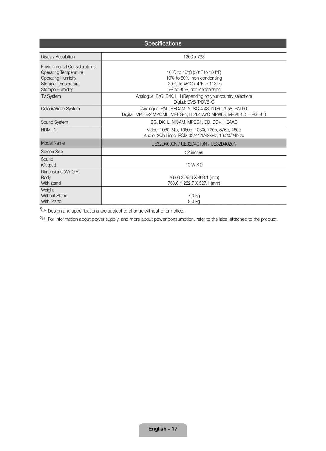 Samsung UE32D4020NWXRU manual Display Resolution, Operating Temperature, Operating Humidity, Storage Temperature, TV System 